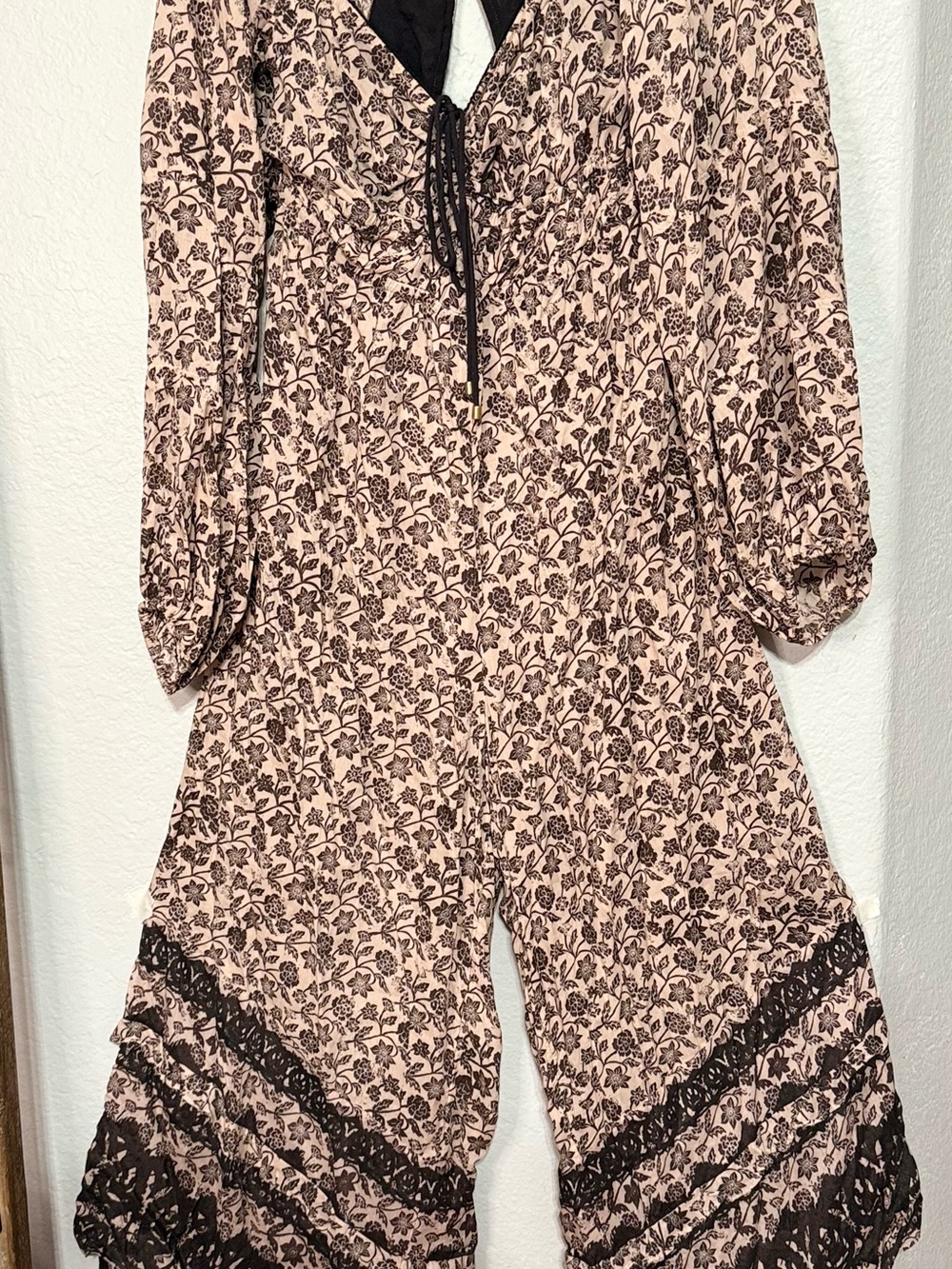 Free People Blush Floral Tie-Neck Wide-Leg Jumpsuit with Black Lace